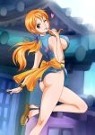  1girl ass bottomless breasts brown_eyes earrings exhibitionism eyebrows_visible_through_hair finger_to_mouth hair_ornament hair_ribbon heart highres japanese_clothes jewelry kimono large_breasts long_hair looking_at_viewer looking_back nami_(one_piece) no_bra no_panties one_eye_closed one_piece orange_hair outdoors raida_(user_yypr5857) ribbon sandals shiny shiny_hair sideboob smile solo standing standing_on_one_leg 