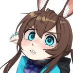  1girl amiya_(arknights) animal_ear_fluff animal_ears arknights bangs biting blue_eyes blush brown_hair bunny_ears clenched_hand commentary_request crying crying_with_eyes_open eyebrows_visible_through_hair hair_between_eyes head_tilt incoming_punch korean_commentary lip_biting long_hair looking_at_viewer portrait sidelocks simple_background solo tears white_background yeougogi 