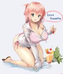  1girl :d all_fours aymusk bare_shoulders bikini blue_eyes breasts cleavage collarbone cup drawstring drinking_glass halterneck highres holding holding_spoon jacket large_breasts long_hair long_sleeves looking_at_viewer off_shoulder open_mouth original parfait pink_bikini pink_hair sandals see-through side-tie_bikini smile solo speech_bubble spoon swimsuit thighs water wet wet_clothes white_jacket 