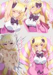  1girl animal_ears armpits arms_up bed black_neckwear blonde_hair blush bouncing_breasts bow bowtie breasts cat_ears closed_mouth eyebrows_visible_through_hair hair_ornament hair_ribbon highres large_breasts long_hair looking_at_viewer lying mashima_himeko_(show_by_rock!!) multicolored_hair multiple_views navel nude on_back on_bed open_mouth pink_hair ramanda red_eyes ribbon shiny shiny_hair show_by_rock!! simple_background smile solo translation_request twintails upper_body white_background 