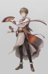  1boy animal_on_arm artist_name bag bird bird_on_arm black_legwear boots brown_hair fan folding_fan full_body glint grey_background grey_hair handbag highres leg_belt long_sleeves male_focus multicolored_hair original simple_background solo streaked_hair tagatsu thigh_strap 