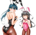  2girls alternate_costume animal_ears ass black_hair black_leotard blue_hair bow bowtie breasts brown_legwear bunny_ears bunny_tail bunnysuit commentary_request cowboy_shot detached_collar embarrassed green_eyes highres houshou_(kantai_collection) kantai_collection leotard long_hair looking_at_viewer mikazuki_(kantai_collection) multiple_girls open_mouth pantyhose pink_leotard pink_neckwear ponytail simple_background small_breasts standing strapless strapless_leotard tail uratomomin white_background wrist_cuffs yellow_eyes 