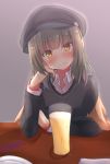  1girl alcohol beer beret black_headwear black_sweater brown_eyes collared_shirt commentary_request dress_shirt glass green_hair hair_down hat head_tilt kamijou_sadame kantai_collection looking_at_viewer shawl shirt solo sweater upper_body yuubari_(kantai_collection) 