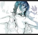  1girl blue_eyes blue_hair breasts chainsaw_man choker collarbone greyscale hair_between_eyes hand_print letterboxed looking_at_viewer lying medium_breasts medium_hair monochrome nipples on_back one_breast_out osakana_(denpa_yun&#039;yun) reze_(chainsaw_man) shirt simple_background sketch sleeveless smile solo spot_color sweat wet wet_hair white_background 