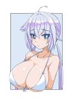  1girl ahoge bikini bikini_top blue_eyes blue_hair blush breasts bright_pupils cleavage closed_mouth frame_arms_girl front-tie_top hair_flaps highres huge_breasts imagawa_akira long_hair looking_away looking_to_the_side solo stylet swimsuit twintails upper_body white_bikini 