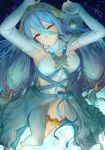  1girl armpits arms_up asymmetrical_clothes azura_(fire_emblem) bangs barefoot blue_hair bubble covered_navel detached_collar detached_sleeves dress elbow_gloves fire_emblem fire_emblem_fates gloves hair_between_eyes hair_tubes highres ippers jewelry long_hair necklace parted_lips thighs veil very_long_hair water white_dress white_gloves yellow_eyes 