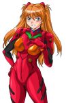  bodysuit breasts commentary_request cowboy_shot eyebrows_visible_through_hair green_eyes hair_between_eyes long_hair manabe_jouji medium_breasts neon_genesis_evangelion nerv number open_mouth orange_hair plugsuit red_bodysuit shiny shiny_clothes shiny_hair souryuu_asuka_langley white_background 