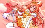  1girl arm_warmers bow bow_by_hair brooch choker cure_sunny dutch_angle gift hamuten_(hmltzero) heart heart_pillow highres hino_akane_(smile_precure!) jewelry long_hair looking_at_viewer magical_girl orange_background orange_bow orange_hair orange_neckwear orange_skirt orange_theme pillow precure princess_form_(smile_precure!) red_bow red_eyes sitting skirt smile_precure! solo thighhighs tiara wand wariza white_legwear white_sleeves zettai_ryouiki 