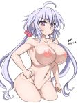  1girl ahoge blush breasts highres large_breasts lavender_hair long_hair looking_at_viewer low_twintails navel nipples nishiumi_yuuta nude purple_eyes pussy senki_zesshou_symphogear shiny shiny_hair shiny_skin simple_background solo standing thighs twintails white_background yukine_chris 