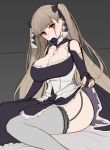  1girl absurdres azur_lane bangs between_breasts blunt_bangs breasts brown_hair cleavage condom condom_in_mouth condom_wrapper dress eyebrows_visible_through_hair formidable_(azur_lane) garter_straps grey_background grey_legwear hair_ribbon highres large_breasts long_hair mingakk mouth_hold red_eyes ribbon simple_background sitting sketch solo thighhighs twintails very_long_hair 