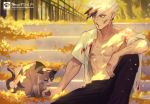  1boy abs animal bare_shoulders black_hair blood bloody_clothes cat closed_eyes closed_mouth earrings fingernails injury jewelry licking male_focus multicolored multicolored_hair muscle navel nipples open_eyes original outdoors scratches signature sitting snakeping tree white_hair yellow_eyes 