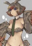  1girl absurdres bird blue_eyes bottomless breasts brown_hair detached_collar empty_eyes feathered_wings feathers freckles gradient_hair green_neckwear harpy head_wings highres ishuzoku_reviewers looking_at_viewer medium_breasts mimilo monster_girl multicolored_hair navel necktie out-of-frame_censoring owl owl_ears red_hair revealing_clothes short_hair solo strapless susamiyasan tail_feathers tubetop wings 