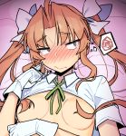  1girl bangs bed_sheet blush breasts brown_hair commentary_request eyebrows_visible_through_hair gloves green_neckwear green_ribbon hair_censor hair_ribbon hand_up highres kagerou_(kantai_collection) kantai_collection long_hair looking_to_the_side lying neck_ribbon nose_blush on_back purple_eyes purple_ribbon ribbon shirt shirt_lift sidelocks small_breasts solo squiggle taketora_suzume twintails upper_body white_gloves white_shirt 