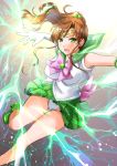  1girl :o absurdres back_bow bare_legs bishoujo_senshi_sailor_moon bow brooch brown_hair circlet earrings elbow_gloves electricity gloves green_eyes green_footwear green_sailor_collar green_skirt hair_bobbles hair_ornament highres hikaru_(gevp7588) jewelry kino_makoto leotard long_hair looking_at_viewer magical_girl open_mouth pink_bow pleated_skirt ponytail sailor_collar sailor_jupiter sailor_senshi_uniform shoes skirt skirt_flip solo white_gloves white_leotard 