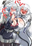  2girls alcohol azur_lane breasts cleavage closed_eyes cup drinking drunk gangut_(azur_lane) graf_zeppelin_(azur_lane) hey_taishou highres iron_cross look-alike military military_uniform multiple_girls silver_hair uniform vodka 