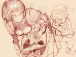  1boy 1girl 2equal8 armor blush breasts cleavage commentary erika_(shadowverse) groin highres monochrome open_mouth pussy pussy_juice shadowverse undressing 