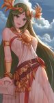  armlet artist_name awan0918 belt blue_sky cloud commentary dress eyebrows_visible_through_hair green_eyes green_hair headdress highres jewelry kid_icarus kid_icarus_uprising leaning_back long_hair looking_at_viewer necklace open_mouth palutena sky smile strapless strapless_dress thighhighs very_long_hair watermark white_dress white_legwear 