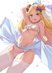  1girl abigail_williams_(fate/grand_order) arm_behind_head arm_up armpits backlighting bangs bare_shoulders bikini black_bow blonde_hair blue_eyes blush bouquet bow breasts bridal_veil collarbone donggua_bing_cha fate/grand_order fate_(series) flower forehead garter_belt hair_bow highres long_hair looking_at_viewer multiple_bows navel open_mouth orange_bow parted_bangs petals simple_background skirt small_breasts solo swimsuit thighhighs thighs veil white_background white_bikini white_skirt wind wind_lift 