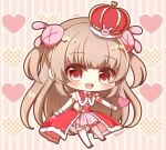  &gt;_&lt; 1girl :d bangs blush brown_hair bunny_hair_ornament capelet chibi commentary_request crown eyebrows_visible_through_hair full_body fur-trimmed_capelet fur-trimmed_headwear fur_trim gloves hair_ornament heart heart_background long_hair looking_at_viewer mini_crown natori_sana open_mouth outstretched_arm pink_shirt pink_skirt red_capelet red_eyes red_footwear round_teeth sana_channel shirt shoes skirt smile solo striped striped_background teeth thighhighs tilted_headwear two_side_up upper_teeth vertical-striped_background vertical_stripes very_long_hair virtual_youtuber white_gloves white_legwear yukiyuki_441 
