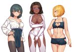  3girls adapted_costume aesice arm_under_breasts bare_shoulders black_bra black_hair black_legwear black_panties blonde_hair blue_eyes bodysuit bra breasts center_opening cleavage closed_mouth contrapposto cowboy_shot dark_skin dress_shirt frilled_bra frilled_panties frills green_eyes green_hair green_skirt hair_ornament hairclip hand_on_hip heart_cutout large_breasts long_sleeves looking_at_viewer medium_breasts medium_hair multiple_girls navel no_bra no_panties off-shoulder_shirt off_shoulder open_mouth orange_eyes original panties pelvic_curtain shirt short_hair simple_background skirt smile stomach thighhighs underwear underwear_only white_background white_bodysuit white_shirt 