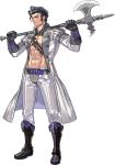  1boy abs axe balthus_(fire_emblem) black_hair boots brown_eyes fire_emblem fire_emblem:_three_houses full_body garreg_mach_monastery_uniform gloves kurahana_chinatsu male_focus navel official_art open_clothes open_shirt solo transparent_background 