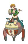  1girl :t alternate_costume bike_shorts breasts breasts_apart brown_eyes brown_gloves brown_hair chopsticks eating gloves green_jacket handlebar jacket kuma_(persona_4) map mechanization medium_breasts midriff navel open_clothes open_jacket persona persona_4 satonaka_chie short_hair single_glove solo sports_bra track_jacket unzipped vinhnyu zipper zipper_pull_tab 