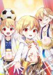  1boy amu_enya ball blonde_hair blush child child_gilgamesh fate/hollow_ataraxia fate/kaleid_liner_prisma_illya fate_(series) hair_between_eyes hood hoodie jewelry looking_at_viewer midriff navel necklace one_eye_closed open_mouth red_eyes soccer_ball solo telstar vest younger 