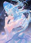 1girl abstract atdan bare_shoulders blue_eyes blue_hair blue_ribbon blue_sky blush breasts cleavage cowboy_shot crystal detached_collar dress feathered_wings fingernails floating_hair from_side hair_between_eyes hair_ornament halo hatsune_miku highres holding long_hair looking_at_viewer medium_breasts orb parted_lips planet planetary_ring pleated_dress ribbon sky solo space twintails very_long_hair vocaloid white_dress white_wings wings 