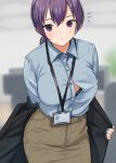  1girl blue_shirt bra bra_peek doushimasho earrings eyebrows_visible_through_hair highres id_card jewelry lanyard long_sleeves nail_polish office_lady original pencil_skirt purple_eyes purple_hair shirt skirt solo unbuttoned unbuttoned_shirt underwear wardrobe_error 