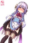  1girl artist_logo blue_dress blush commentary_request cosplay dated dress dress_lift feet_out_of_frame fishnet_legwear fishnets flower_knight_girl from_below garter_straps highres ipheion_(flower_knight_girl) ipheion_(flower_knight_girl)_(cosplay) kanon_(kurogane_knights) kantai_collection lifted_by_self look-alike maid_headdress purple_hair revision short_hair simple_background solo thighhighs white_background yayoi_(kantai_collection) 