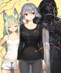  1boy 2girls ^_^ animal_ear_fluff animal_ears arknights bangs bare_arms bare_shoulders black_gloves black_jacket black_shirt blush breasts camisole cheek_pull closed_eyes confetti doctor_(arknights) eyebrows_visible_through_hair fork gloves grani_(arknights) green_hair grey_hair grey_pants grey_shirt grin hair_between_eyes hand_on_hip holding holding_fork hood hood_up hooded_jacket jacket jakoujika large_breasts long_hair long_sleeves multiple_girls pants parted_lips pointing red_eyes revision shirt short_shorts shorts simple_background skadi_(arknights) smile streamers tail thumbs_up very_long_hair white_camisole white_shorts yellow_background 