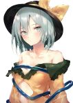  1girl artist_name bangs bare_shoulders black_headwear blush bow breasts eyebrows_visible_through_hair green_eyes green_hair hair_between_eyes hat hat_bow highres komeiji_koishi long_sleeves looking_at_viewer off-shoulder_shirt off_shoulder sakusyo shirt short_hair signature simple_background small_breasts solo touhou upper_body white_background yellow_bow yellow_shirt 