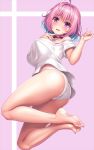  1girl ahoge ass bare_legs bare_shoulders barefoot blue_hair blush breasts collar fang heart-shaped_lock idolmaster idolmaster_cinderella_girls lambda_(kusowarota) large_breasts looking_at_viewer multicolored_hair open_mouth oversized_clothes oversized_shirt panties pink_eyes pink_hair shirt short_hair simple_background soles solo t-shirt tears two-tone_hair underwear yumemi_riamu 