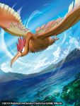  2015 bird bird_focus blue_sky cloud cloudy_sky commentary creature day english_commentary fearow flying gen_1_pokemon match_(idleslumber) mountain multiple_sources no_humans official_art outdoors pokemon pokemon_(creature) pokemon_trading_card_game sky solo watermark 