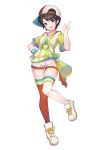  1girl :d bangs baseball_cap black_hair blush breasts collarbone eyebrows_visible_through_hair full_body green_eyes hand_on_hip hand_up hat hololive index_finger_raised leilin megaphone mismatched_legwear oozora_subaru open_mouth red_legwear shirt shoes short_shorts short_sleeves shorts sideways_hat simple_background small_breasts smile solo standing standing_on_one_leg stopwatch stopwatch_around_neck striped striped_shirt tied_shirt upper_teeth vertical-striped_shirt vertical_stripes virtual_youtuber watch whistle whistle_around_neck white_background white_footwear white_headwear white_legwear white_shorts wristband 