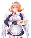  1girl aesice apron bangs black_dress blush breasts contrapposto corset cowboy_shot dress egg eyebrows_visible_through_hair feathered_wings flipped_hair fried_egg frilled_apron frills gem hair_between_eyes hand_on_hip harpy highres holding holding_tray ishuzoku_reviewers large_breasts long_sleeves looking_at_viewer maid_dress maid_headdress meidri monster_girl nose_blush orange_hair puffy_long_sleeves puffy_sleeves red_eyes short_dress short_hair simple_background solo thigh_strap tray white_apron white_background wings 