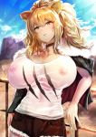  1girl abstract_background animal_ears arknights bangs black_jacket blonde_hair blue_sky breasts candy cleavage cloud collarbone commentary_request covered_navel covered_nipples cowboy_shot cutoffs day eyebrows_visible_through_hair food fur-trimmed_jacket fur-trimmed_shorts fur_trim hair_between_eyes head_tilt highres holding_lollipop huge_breasts jacket jacket_on_shoulders leaning_on_rail leather leather_jacket lion_ears lion_girl lollipop long_hair looking_at_viewer outdoors parted_lips railing red_shorts see-through shirt shorts sidelocks siege_(arknights) sky solo standing studded_choker sweat tank_top twitter_username uenoryoma wet wet_clothes wet_shirt white_tank_top yellow_eyes 