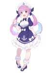 1girl :d anchor anchor_symbol blue_dress blue_footwear blue_hair blue_ribbon bow braid breasts dress frilled_dress frills full_body hair_ribbon hololive leilin long_hair maid_headdress medium_breasts minato_aqua multicolored_hair no_shoes open_mouth puffy_short_sleeves puffy_sleeves purple_eyes purple_hair ribbon ringlets shoes short_sleeves simple_background smile solo standing twintails two-tone_hair very_long_hair virtual_youtuber white_background white_bow wrist_cuffs 