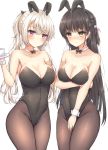  2girls :i akizuki_kanna animal_ears arm_under_breasts bangs black_hair black_leotard black_neckwear black_ribbon blush bow bowtie braid breast_hold breasts brown_eyes brown_legwear bunny_ears bunny_girl bunnysuit cafe_stella_to_shinigami_no_chou choker cleavage closed_mouth collarbone commentary_request covered_navel covering covering_crotch cup earrings eyebrows_visible_through_hair groin hair_between_eyes hair_ribbon hand_up highleg highleg_leotard highres holding holding_saucer jewelry leotard long_hair medium_breasts multiple_girls pantyhose pink_ribbon pout red_eyes ribbon ryakusun saucer shiki_natsume simple_background smile strapless strapless_leotard stud_earrings twintails very_long_hair white_background white_choker white_hair wrist_cuffs 