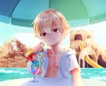  1boy blonde_hair blush child_gilgamesh drink fate_(series) hair_between_eyes hair_ornament highres hood hoodie looking_at_viewer male_focus pov red_eyes shade shirtless smile solo soumen_nigoki umbrella 