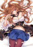  1girl aoi_(kirabosi105) bangs bare_shoulders blue_eyes blush breasts brown_hair cleavage closed_mouth detached_collar granblue_fantasy large_breasts lecia_(granblue_fantasy) long_hair looking_at_viewer lying midriff navel on_back puffy_sleeves solo torn_clothes torn_legwear 