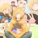  ! 3boys ^_^ animal_hood beard birthday black_hair blonde_hair blush brown_eyes cat cat_hood closed_eyes dated facial_hair food green_eyes grey_hair grin happy_birthday hat heart highres hood hood_up hoodie indian_style male_focus multiple_boys nikolai_plisetsky old_man one_eye_closed otabek_altin pirozhki puma_tiger_scorpion sitting smile sparkle spoken_exclamation_mark spoken_heart stuffed_animal stuffed_cat stuffed_toy takeshi_(mononohu20) thumbs_up v yuri!!!_on_ice yuri_plisetsky 