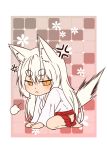  1girl :&lt; anger_vein animal_ears bangs between_legs commentary_request eyebrows_visible_through_hair fox_ears fox_girl fox_tail hair_between_eyes hakama hand_between_legs highres hip_vent japanese_clothes kimono kohaku_(yua) long_hair looking_at_viewer miko original petals red_hakama seiza sidelocks sigh sitting solo tail tail_raised thick_thighs thighs white_hair white_kimono wide_sleeves yellow_eyes yua_(checkmate) 