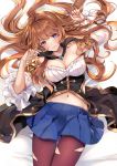  1girl aoi_(kirabosi105) bare_shoulders bed_sheet blue_eyes blue_skirt blush braid breasts brown_hair cleavage closed_mouth commentary_request detached_sleeves eyebrows_visible_through_hair granblue_fantasy highres large_breasts lecia_(granblue_fantasy) long_hair looking_at_viewer lying navel on_back red_legwear skirt solo thighhighs torn_clothes torn_legwear 