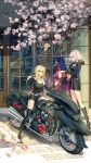  2girls artoria_pendragon_(all) blonde_hair boots fantasyxing fate/grand_order fate_(series) ground_vehicle highres jeanne_d&#039;arc_(alter)_(fate) jeanne_d&#039;arc_(fate)_(all) long_hair motor_vehicle motorcycle multiple_girls saber_alter short_hair thigh_boots thighhighs yellow_eyes 