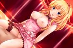  1boy 1girl bangs bare_shoulders blonde_hair blue_eyes blush breasts commentary_request cowgirl_position dress eyebrows_visible_through_hair frills hair_ornament highres idolmaster idolmaster_cinderella_girls large_breasts long_hair looking_at_viewer nipples no_bra ootsuki_yui open_mouth pink_dress ponytail sex solo_focus straddling thigh_strap yoshimo 