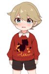  1boy blonde_hair blush crying hair_between_eyes hair_ornament highres male_focus pokemon pokemon_(game) print_sweater shorts simple_background solo sweater tears white_background youngster_(pokemon) zenchi_(061799) 