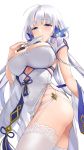  1girl ahoge artist_request azur_lane bangs blue_eyes blush breasts china_dress chinese_clothes dress eyebrows_visible_through_hair fan folding_fan from_below garter_straps highres holding holding_fan illustrious_(azur_lane) illustrious_(maiden_lily&#039;s_radiance)_(azur_lane) large_breasts long_hair looking_at_viewer looking_down mole mole_under_eye simple_background solo standing thighhighs thighs very_long_hair white_background white_dress white_hair white_legwear 