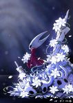  1girl absurdres cloak commentary cracked_mask flower highres holding holding_flower hollow_eyes hollow_knight hornet_(hollow_knight) nail petals red_cloak solo standing ugly_cat weapon white_flower 