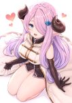  1girl :d black_gloves blue_eyes blush braid breasts cleavage commentary_request draph elbow_gloves gloves granblue_fantasy hair_ornament hair_over_one_eye heart highres horns large_breasts lips long_hair looking_at_viewer narmaya_(granblue_fantasy) open_mouth pointy_ears purple_hair seiza simple_background sitting smile solo thighs tomo_(user_hes4085) very_long_hair white_background 